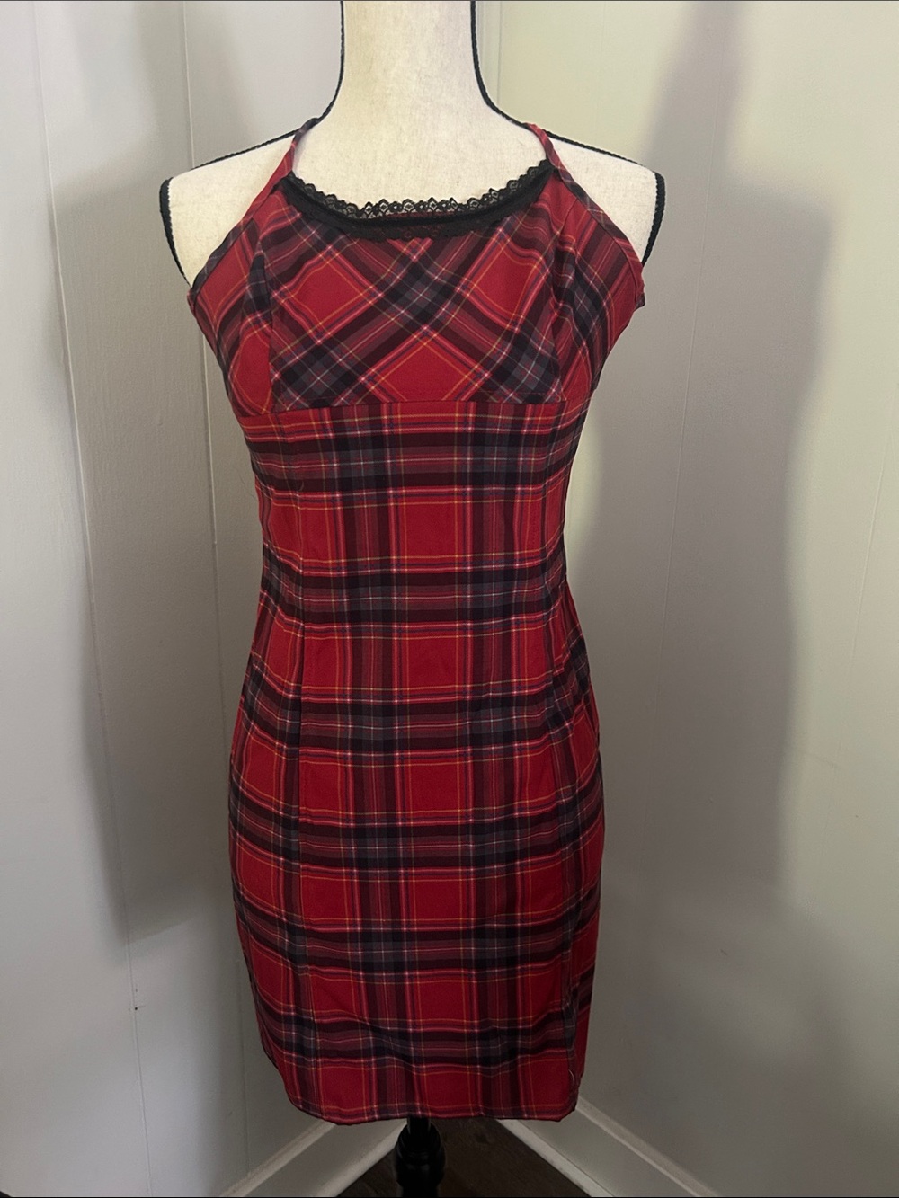 Vintage Hot Topic Red Plaid Halter Mini Dress with Black Lace